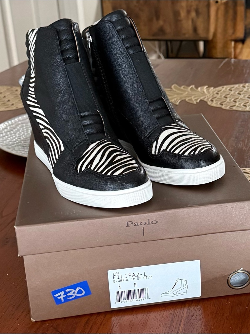 LINEA PAOLO Anna Zebra Print Calf Hair High Top Wedge Sneaker Size 8W EU 39